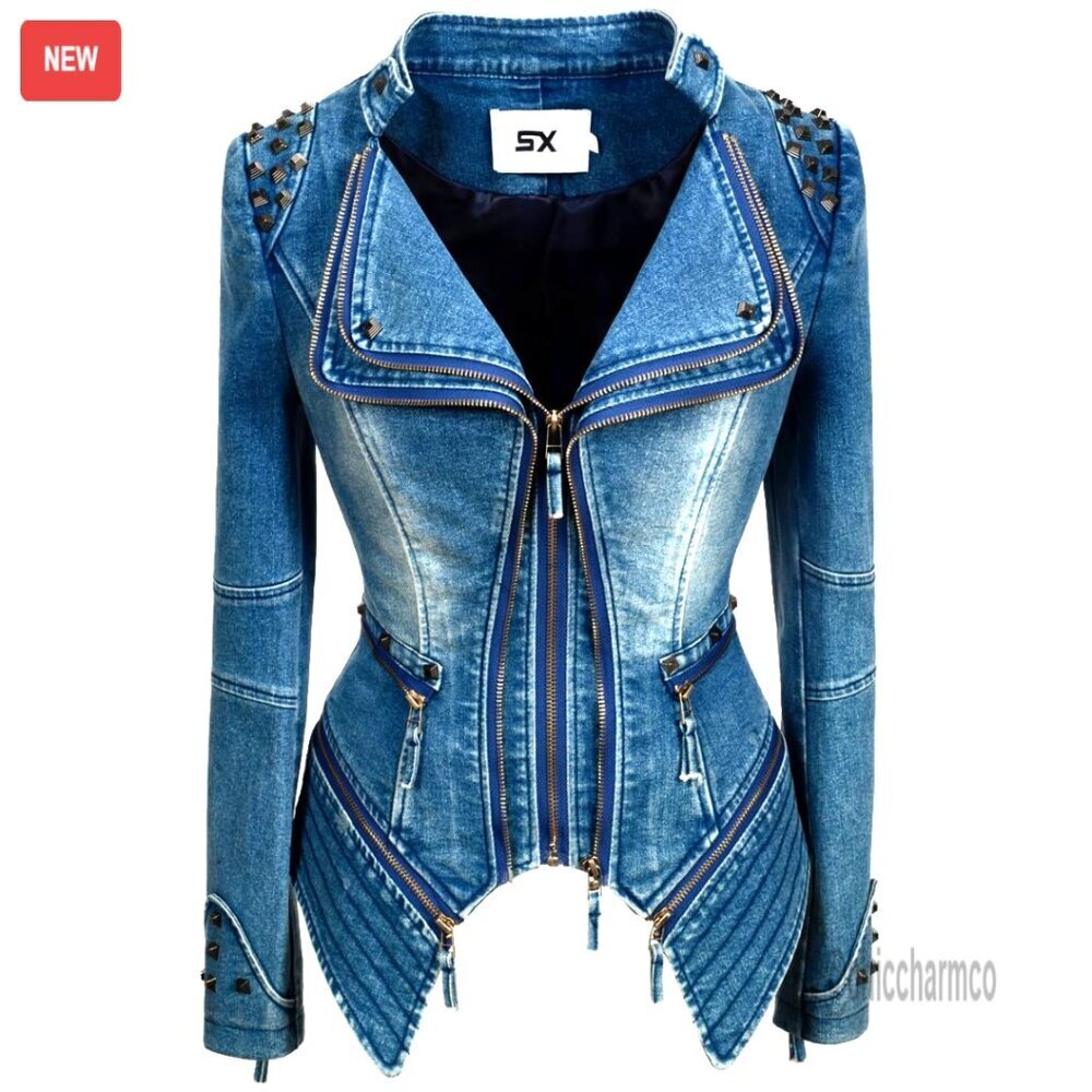 Studded Punk Motorcycle Denim Jacket with Dovetail Design